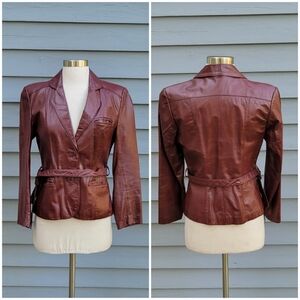 Vintage 70s Oxblood Burgundy Red Leather Belted Midi Trench Coat Peacoat 6